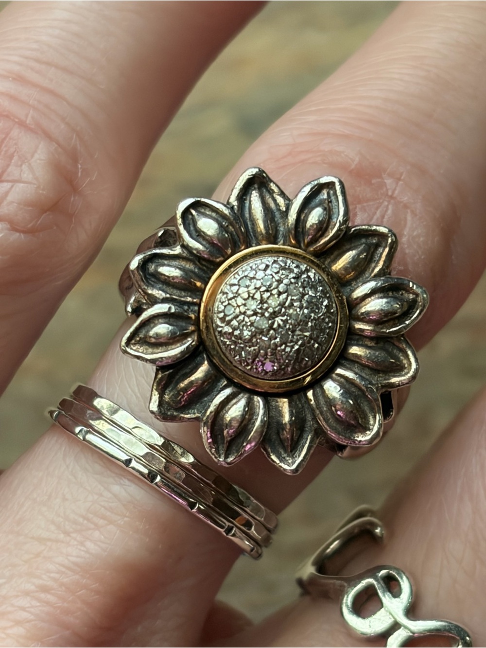 Designer Sterling And 14K Gold Daisy/Sunflower? Ring With Diamond  Chips Ring - Picture 2 of 15